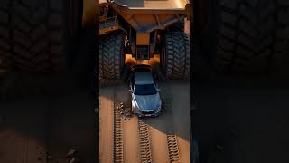 Giant mining truck crushes luxury car in slow motion destruction