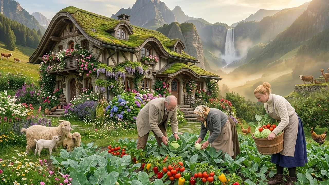 Life In The Countryside Garden - Harvesting Fruits And Vegetables , Feeding Animals, Simple Farm