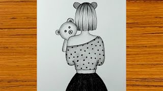 رسم سهل||رسم فتاة تحمل دبدوب خطوة بخطوة||تعلم رسم فتاة تحمل دبدوب بالرصاص