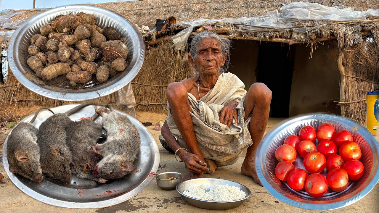 poor old grandma cooking RAT Meat with Taro Root recipe and eating ...