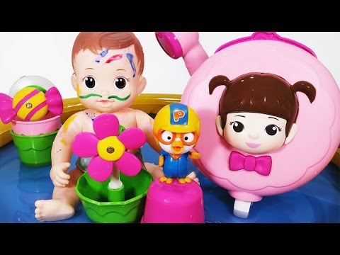 콩순이 꼬마 샤워기 장난감 물감놀이 콩콩이 아기인형 뽀로로 목욕놀이 baby doll bath playing SHOWER BATH PLAYSET