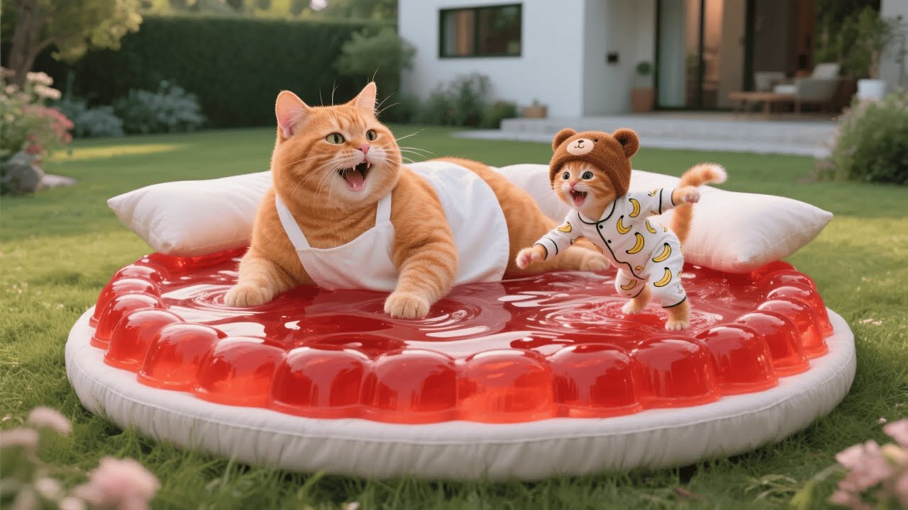 Ginger Kitten Loves Jelly So Much That Mama Cat Makes a Giant Jelly Pool and Bed 🍮🐾
