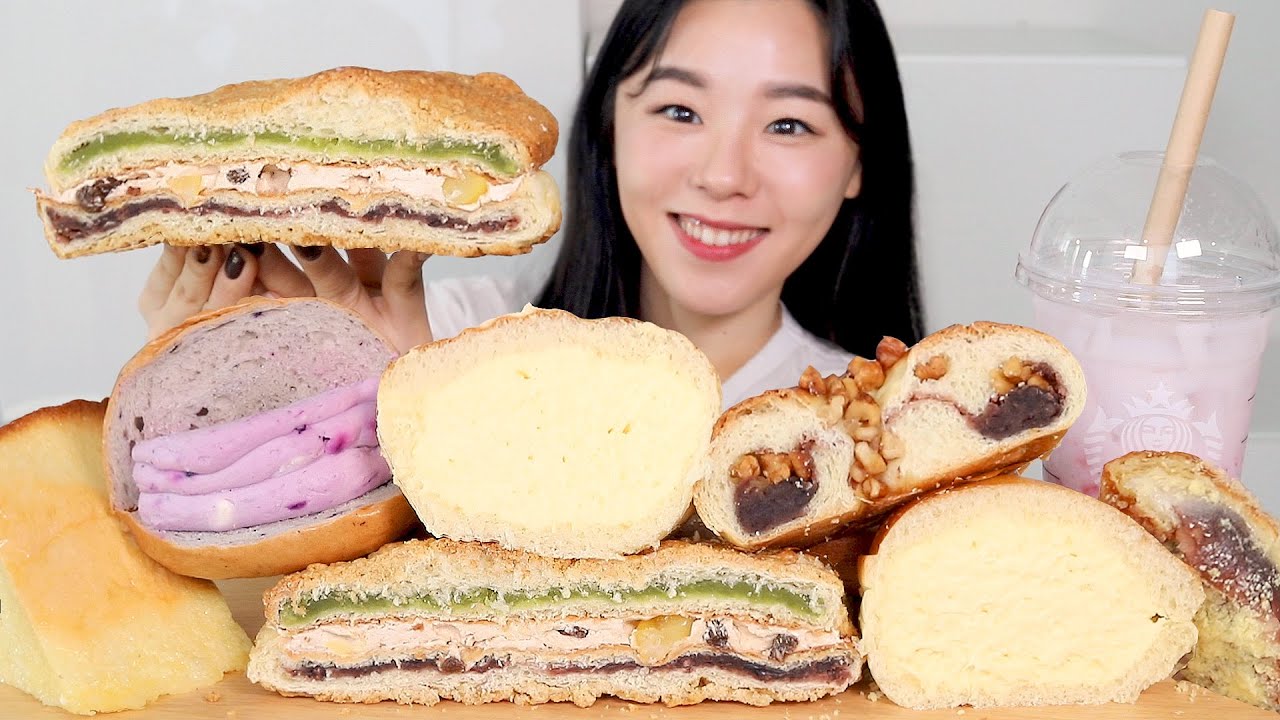 SUB) ASMR Кремовый хлеб Мукбанг 🍞 Десерт Мамонтовый хлеб, Бисквит, Черника Бублик, Красная фасоль