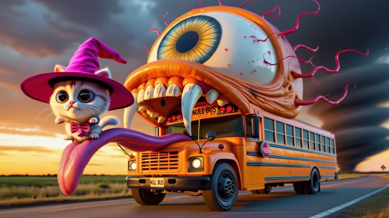 😱👁️OMG! The kitten suddenly encountered a mutated big eyed school bus💥