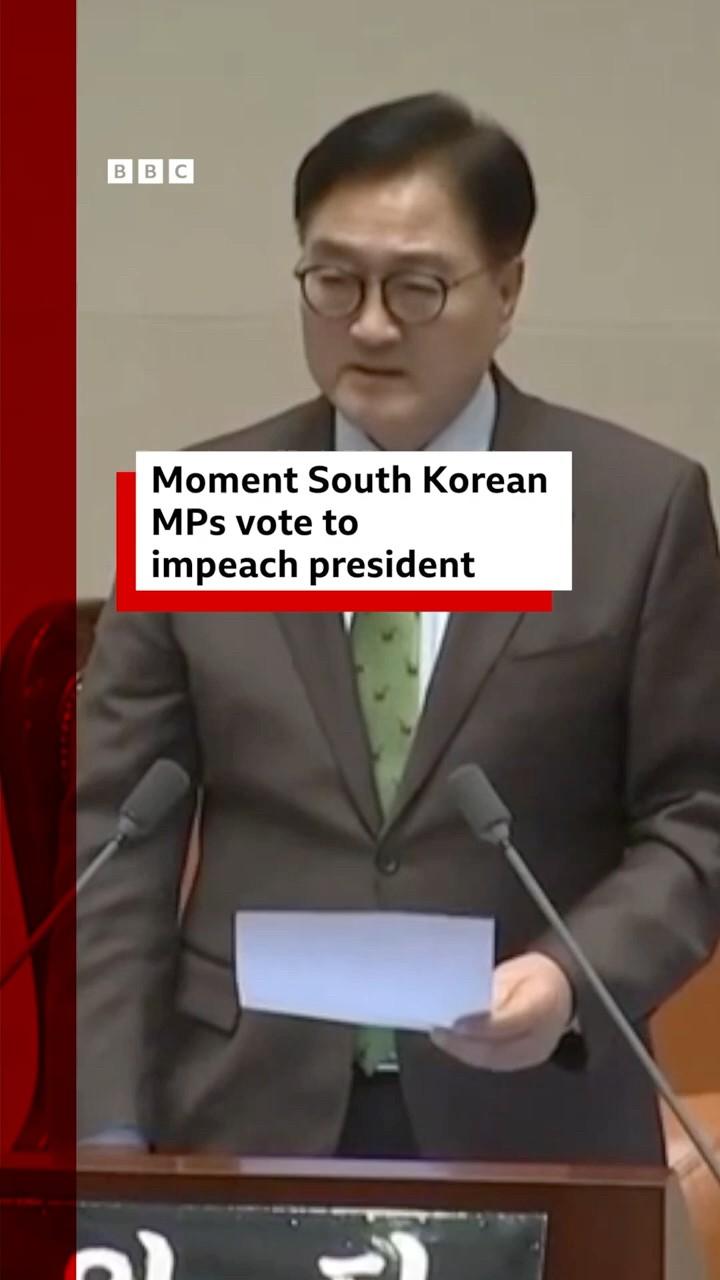 South Korean MPs vote to impeach President Yoon over martial law. #SouthKorea #BBCNews