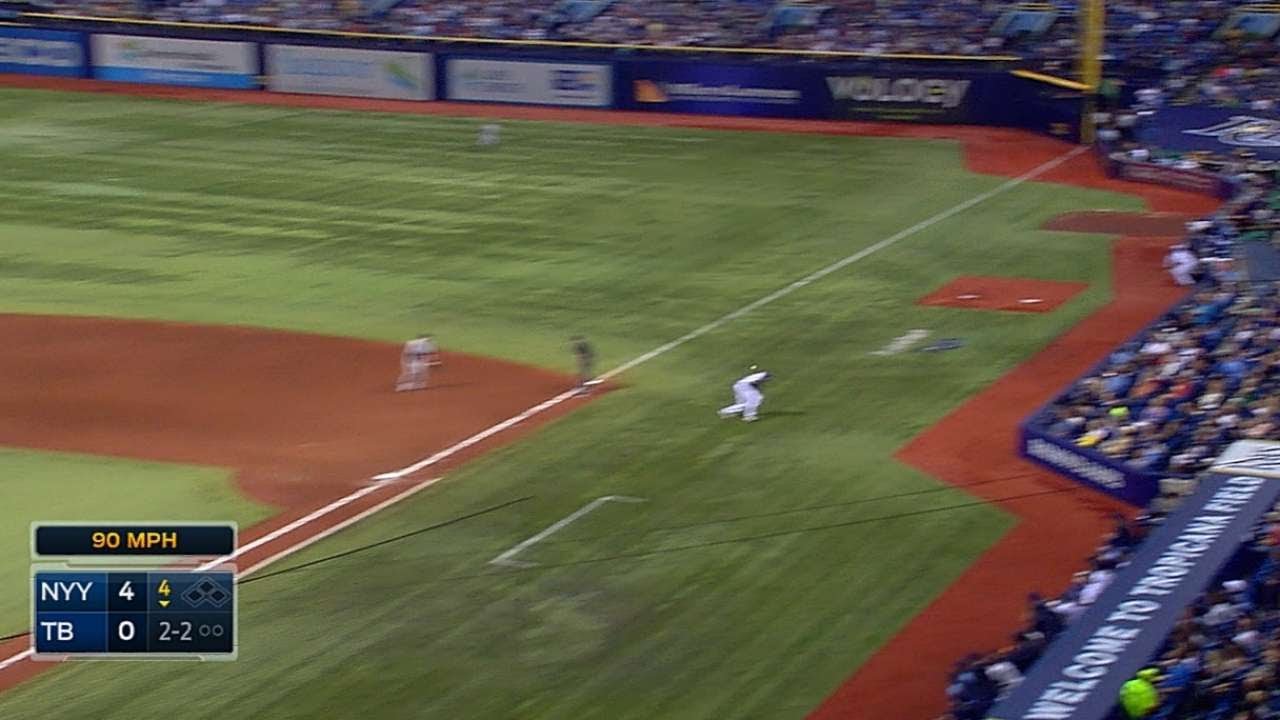 First base coach Hendrick ducks foul ball