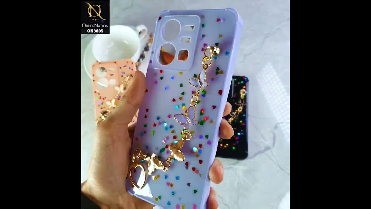 Vivo Y55 4G Cover - Purple - Shiny Glitter Candy Color Soft Border Camera Protection Case With Butterfly Chain Holder (Glitter Does not move)