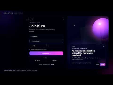 Kuro Auth UI – Animated Login & Register Template | HTML CSS JavaScript