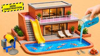 DIY Mini Tractor I Builds Brick House With Slide & Clear Water Pool | Construction Science Project
