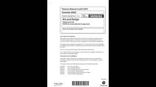 Pearson Edexcel Level 3 Art and Design GCE Paper 2 9AD0/02 Externally Set Assignment