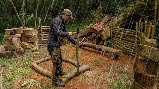 Building a Camp in a Thunderstorm | survival shelter, bushcraft, perimeter walls, fire pit