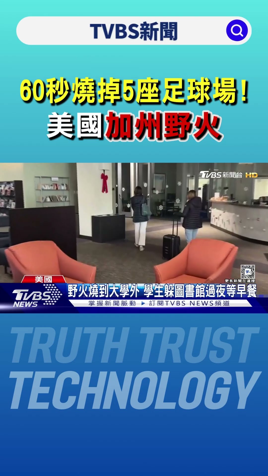 60秒燒掉5座足球場! 美國加州野火 大學生躲圖書館避難｜TVBS新聞 @TVBSNEWS01