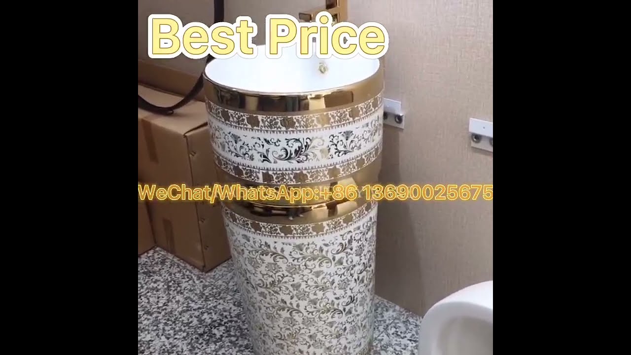 European design golden flower pattern pedestal basin , High quality washroom pedestal basin gold .
