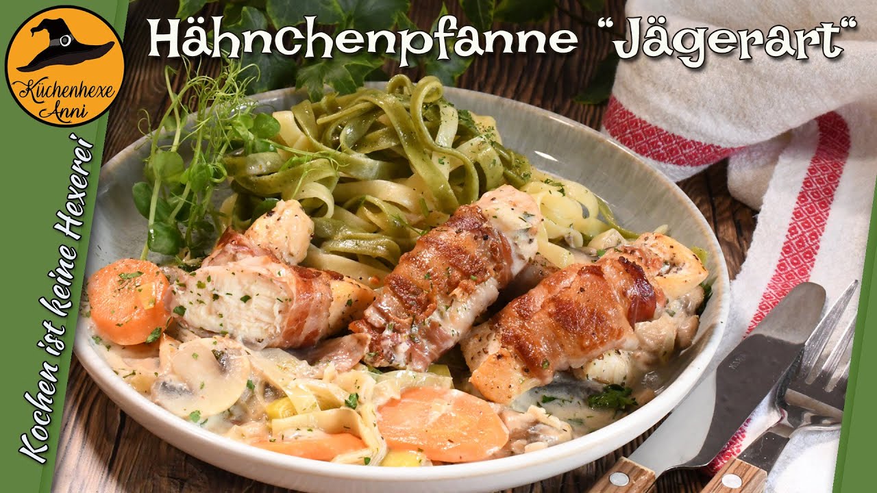 Würzige Hähnchenpfanne Jägerart mit Bandnudeln