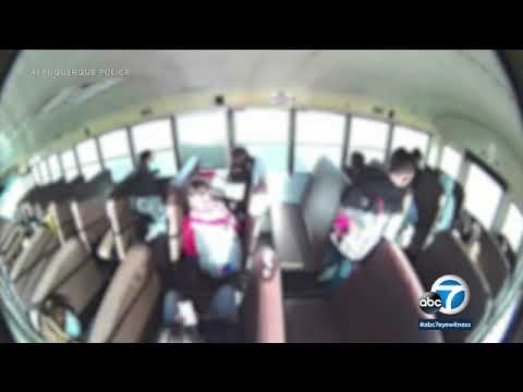 Video: School bus with 23 students inside flips over when street racer causes crash l ABC7