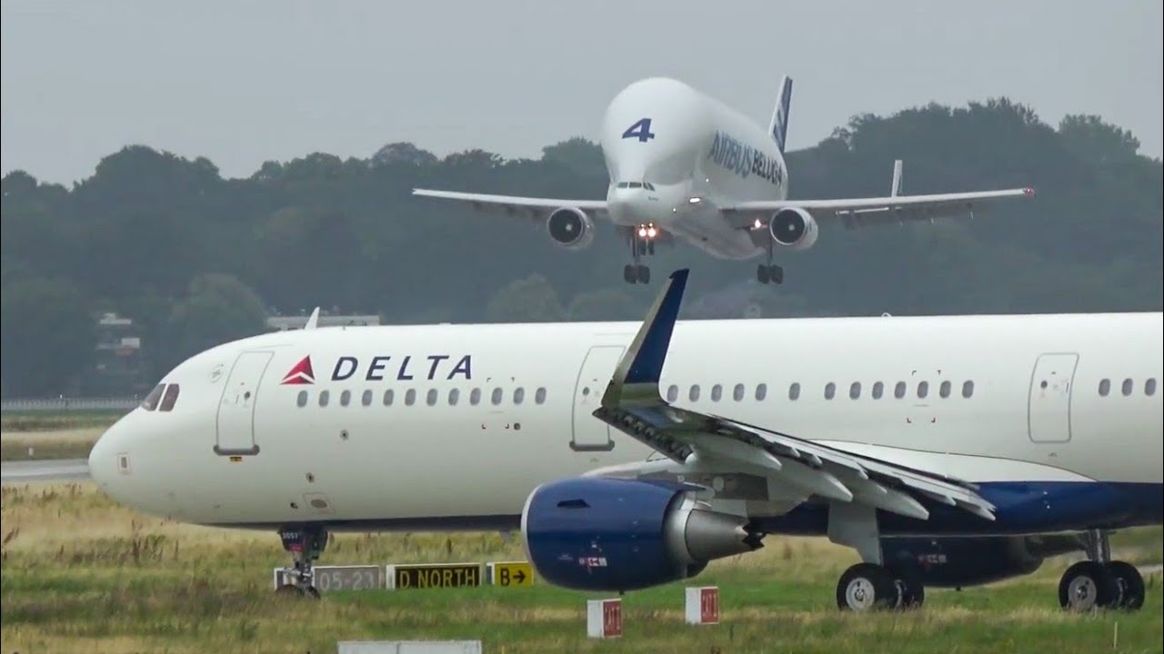 (4K) Plane spotting at the Airbus factory in Hamburg - Brand new planes and Airbus Belugas!