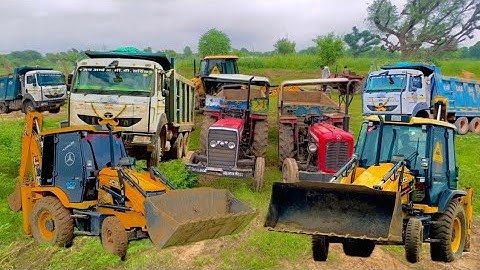 JCB 3dx Loading Mud in Trolley With 4wd Mahindra Arjun NOVO 605 John Deere Eicher 242 Tractors #jcb