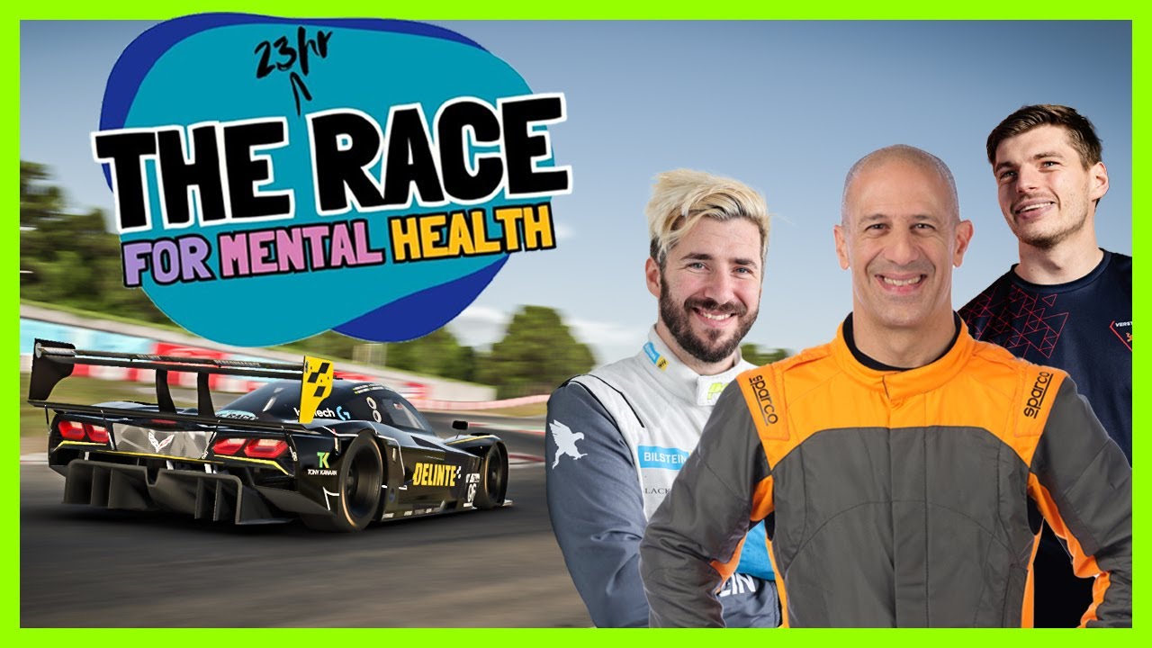 Eu, @Jimmy_Broadbent , Max Verstappen, e vários streamers, correndo pela Saúde Mental