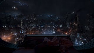 Deep Sleep In This Futuristic City View | Cosy Bed And Gentle Thunder For Sleeping | 4K