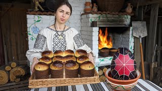 Village life. Woman is baking ancient AMAZING bread in wood fired oven. Decorating egg for Easter