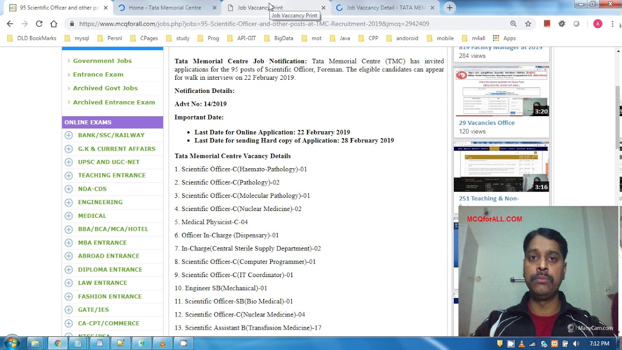 95 Scientific Officer and other posts at TMC Recruitment 2019
