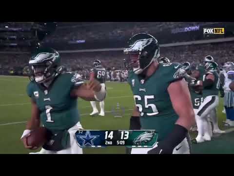 Eagles brotherly shove to score Jalen Hurts vs #Cowboys. Tied ball game.