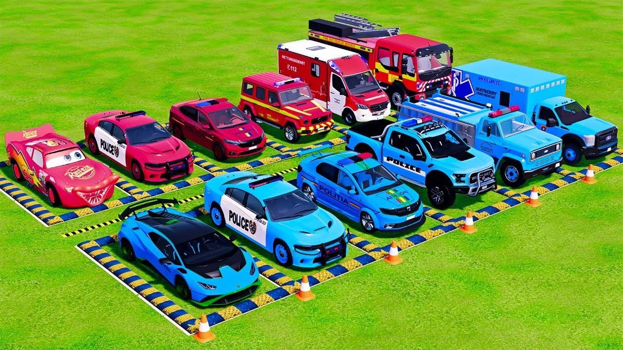 POLICE COLORFULL - TRANSPORTING POLICE CARS, AMBULANCE VEHICLES, FIRE TRUCK WITH TRUCK - FS22 