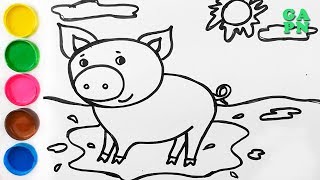 Cómo dibujar cerdo | Animales para niños | Aprender los colores con pinturas de acuarela