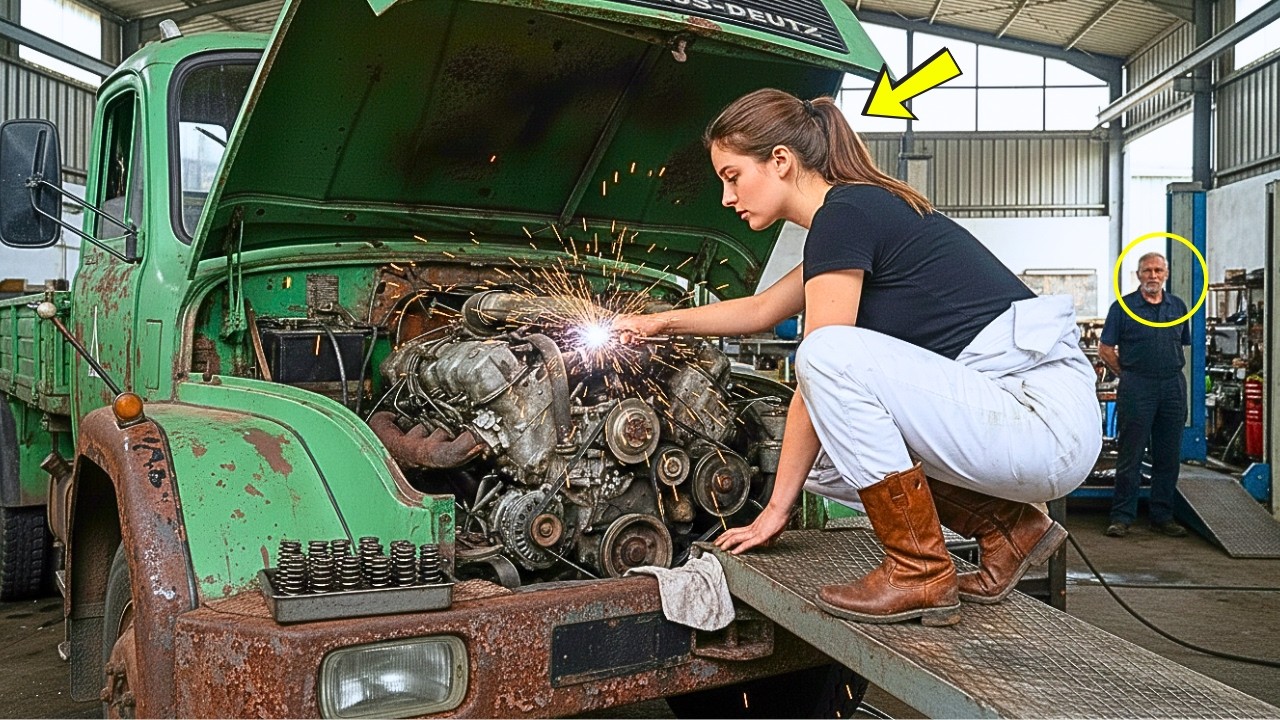 ¿PUEDO SOLO MIRAR EL MOTOR?” SE RIERON DE LA MECÁNICA MENDIGA FRENTE AL CAMIÓN… HASTA QUE PIDIÓ QUE