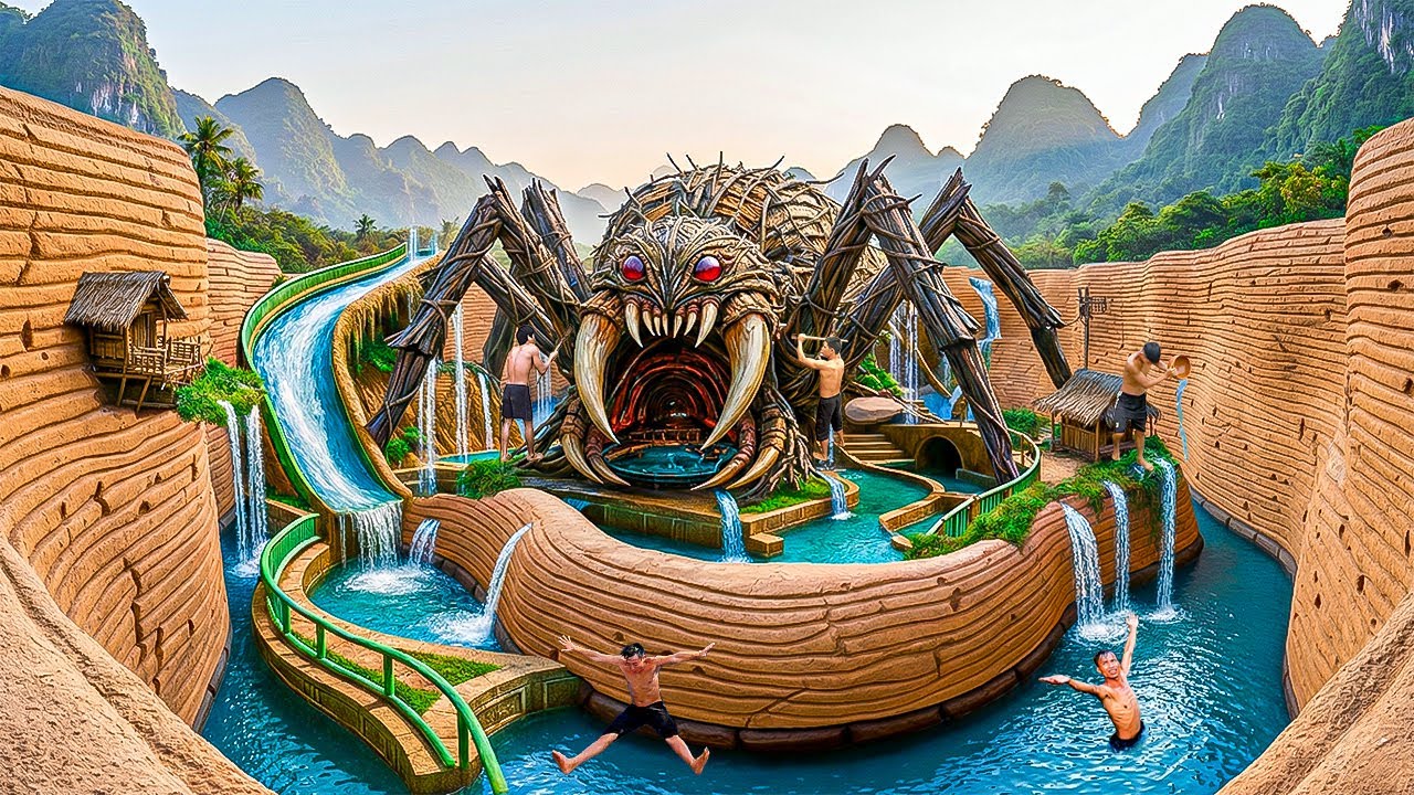 Building a Giant Spider Water Park Carved Into a Clay Canyon in the Jungle Using Primitive Tools