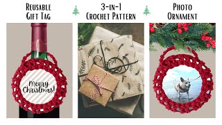 Easy Crochet 3-in-1 Gift Tag, Photo Ornament, and Wine Bottle Gift Tag Marker