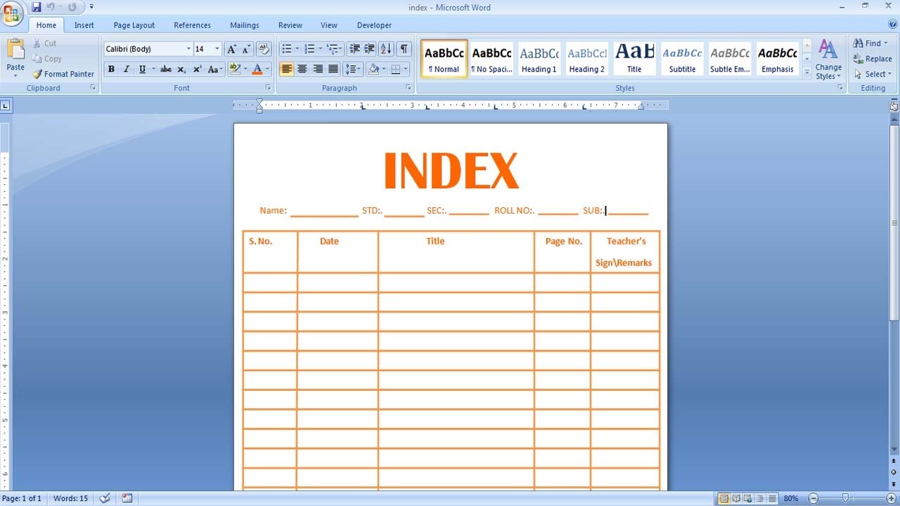 how to make index page of assignment