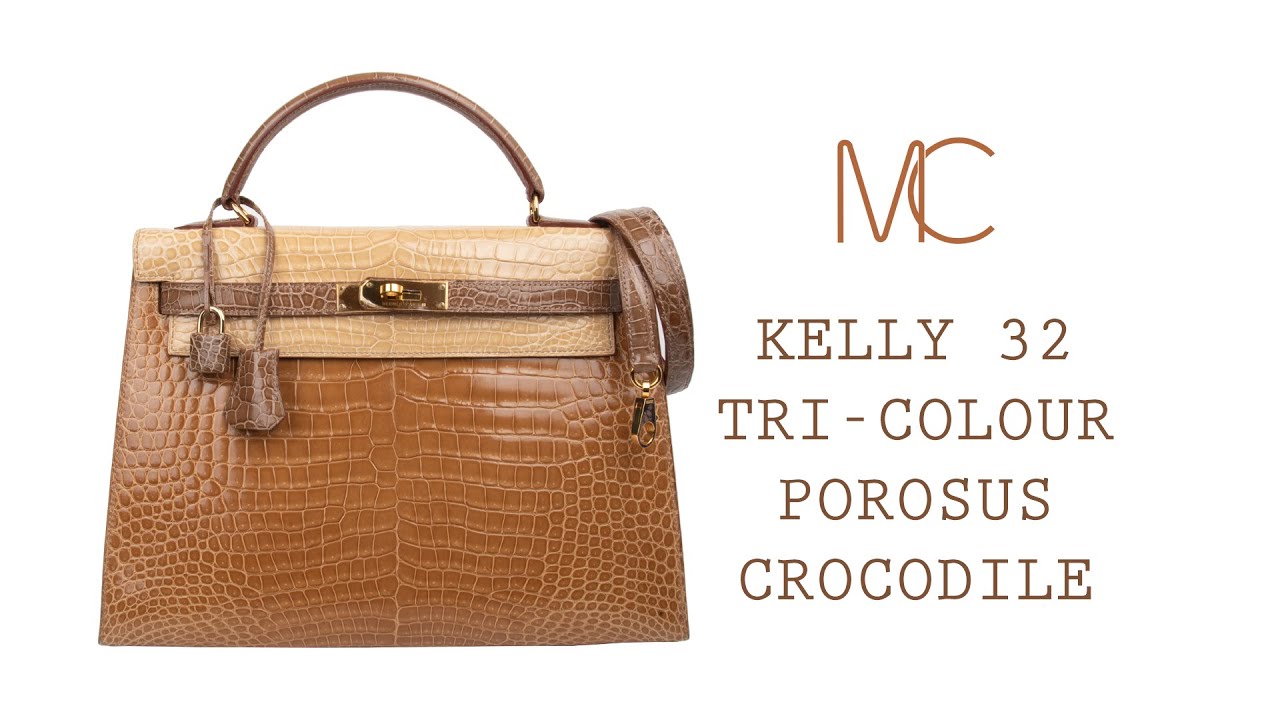 Hermes Tri-Colour Kelly 32 Sellier Bag Poussiere, Poudre, & Ficelle Porosus Crocodile