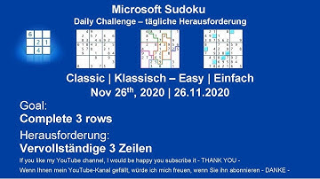 Sudoku Classic - Easy | Nov 26, 2020 | Goal: Complete 3 rows