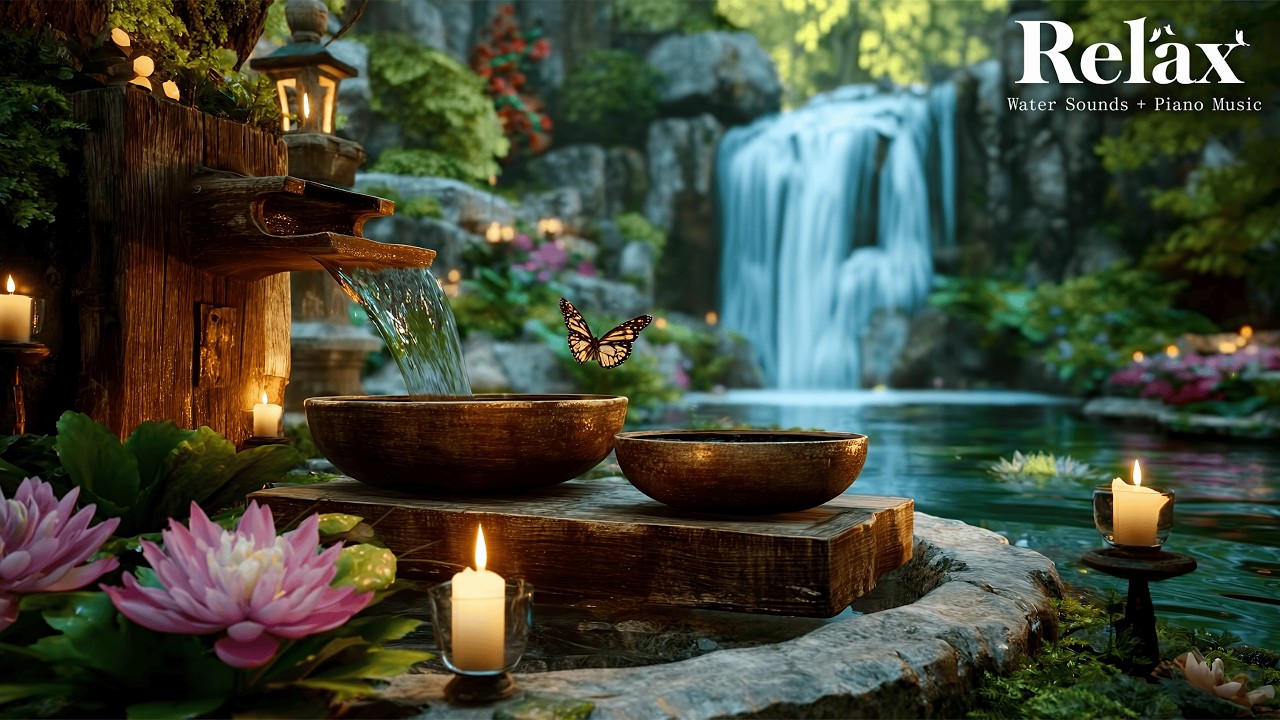 Bamboo Water Fountain + Relaxing Sleep Music 🌿 Calm Music for Peace and Relaxation, Spa, Study Music