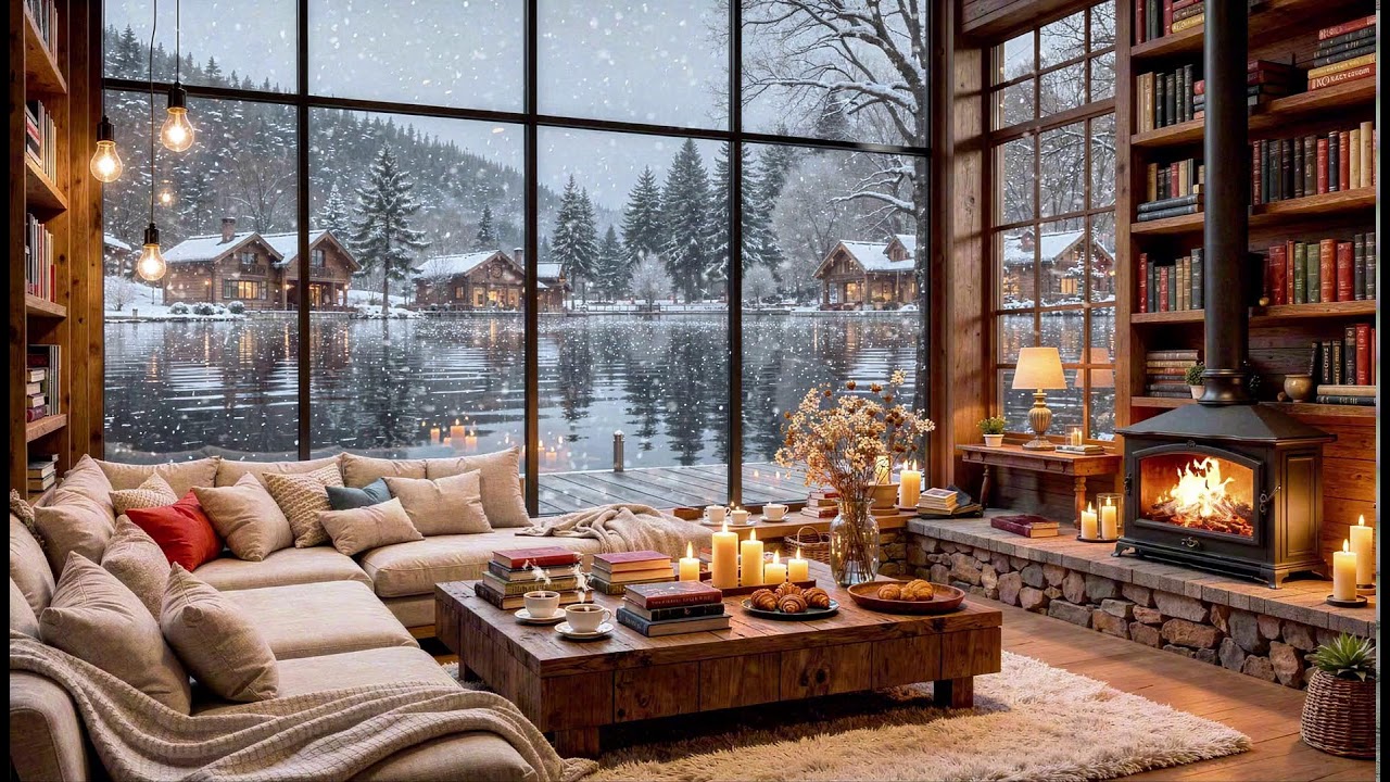 Winter Morning at Cozy Fireplace Jazz Cafe Lounge ⛄ Relaxing Jazz & Snowy Village Window Ambience