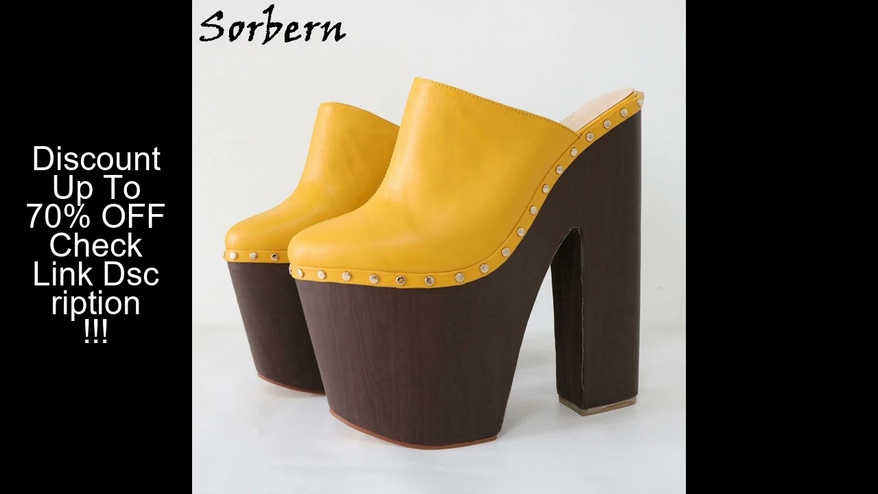Sorbern Ginger Yellow Pump Shoes 24cm Women Mules Rivet Punk Clogs Block Wooden Style Wide Heels Uni