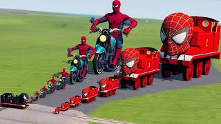 Big \& Small Spider-Man the Train vs Spider-Man on Motorcycle vs Venom the Train | BeamNG.Drive