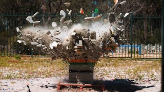 1000lbs Spiked Wrecking Ball Vs  Concrete Stack From 45m @ 13,000fps! No Chatter!