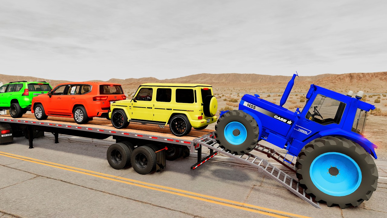 TRANSPORTING PIXAR CARS & FRUITS WITH COLORED & JOHN DEERE vs CLAAS vs TRACTORS - BeamNG.drive