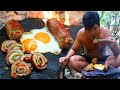 Cooking Beef Rolling Steak on the Rock - Cook Steak Stone with egg for delicious Food