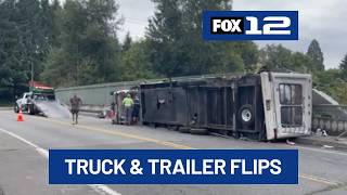 Truck pulling travel trailer rolls on Highway 26 overpass near Oregon Zoo