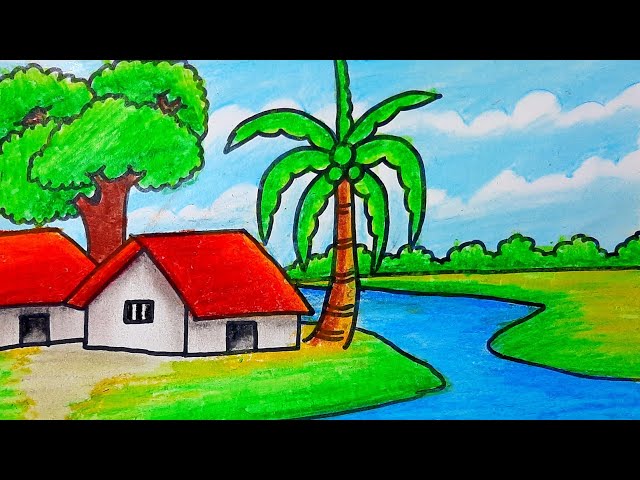 Beautiful Sunset Drawing - Easy Simple Sunset Scenery Drawing