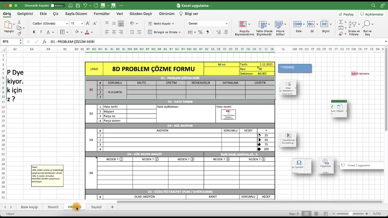 8D PROBLEM ÇÖZME FORMU excelde nasıl yapılır ? - Uygulama 2 (Part I)