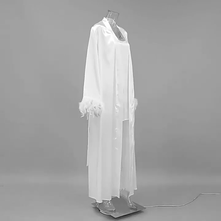 white color Sexy Satin Nightgown Feather Long Sleeve Robe #luxurysleepwear #nightdress #nightgowns