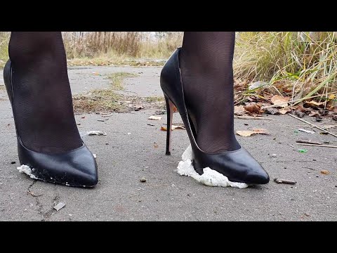 Italian high heels crush marshmellows, high heels messy food crush, shoes stomp food (scene 590)