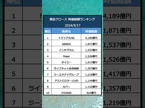 【成長株】東証グロース 時価総額ランキング ベスト10 #ビジネス #株式投資 #就活 #日本株 #時価総額 #成長株 #ベンチャー #スタートアップ #GENDA #タイミー