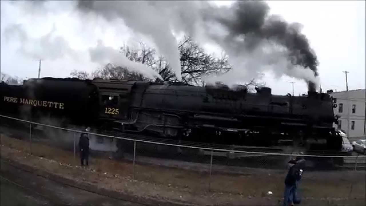 Pere Marquette 1225 in Owosso Michigan. North Pole Express 2014. Polar Express. Aerial Video ...