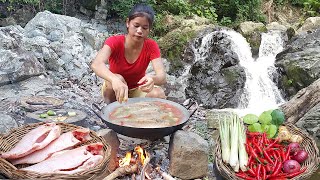 Adventure in forest: Catch red fish at Waterfall nature - Red fish soup for food of survival