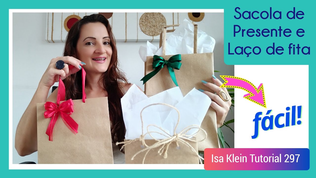Embalagem de presente: como fazer SAQUINHO DE PRESENTE de papel e LAÇO DE FITA duplo [Tutorial 297]